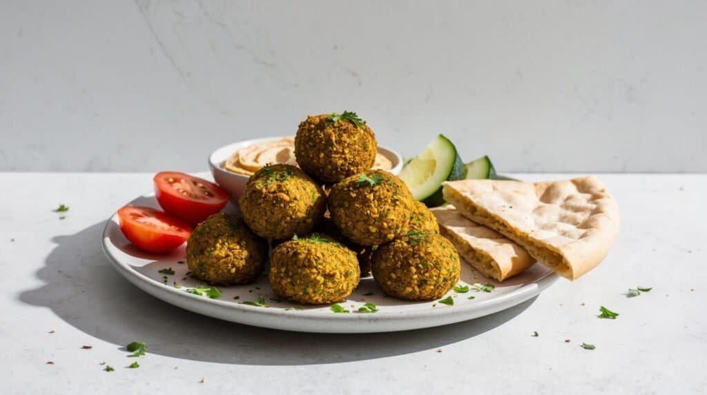 A delicious plate of homemade falafel balls served with pita bread, sliced tomatoes, cucumber, and a bowl of hummus, garnished with chopped parsley.