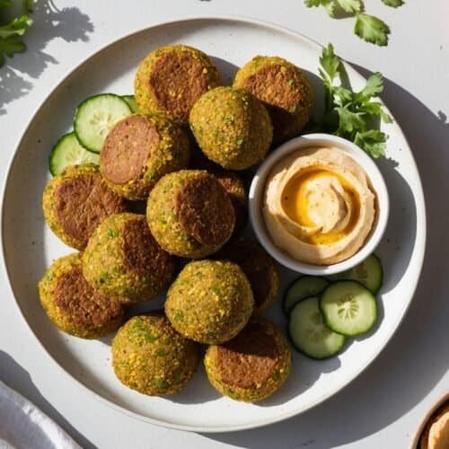 A plate of easy and delicious homemade falafel with sliced cucumbers, a bowl of hummus, flatbread, and tomatoes on a light grey table.