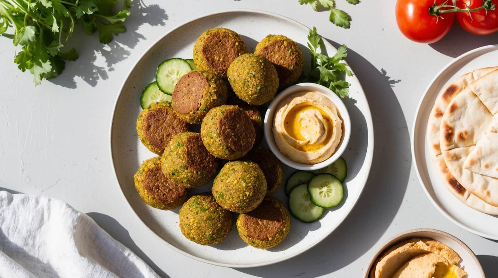 A plate of easy and delicious homemade falafel with sliced cucumbers, a bowl of hummus, flatbread, and tomatoes on a light grey table.
