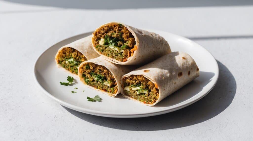 A white plate with four sliced falafel wraps filled with vegetables and herbs, neatly arranged on a light-colored surface.