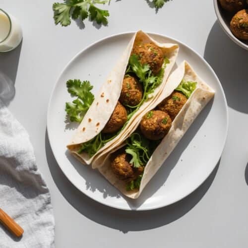 Two spicy falafel tortillas filled with greens on a white plate, accompanied by a bowl of extra falafel, a small dish of herbs, a linen napkin with a wooden fork, and a glass of milk.