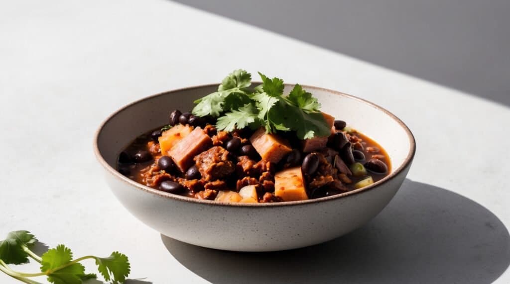 A bowl of authentic Brazilian chili with black beans, diced sweet potatoes, ground meat, and cilantro garnish, evoking the rich flavors of a traditional feijoada, placed on a light surface.