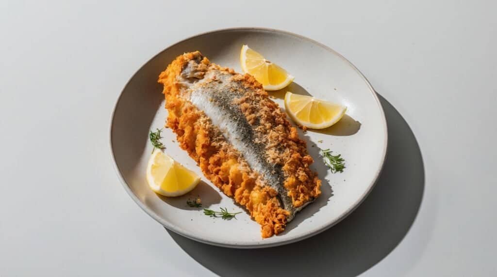 A dinner recipe featuring a plate with a delicious trout fillet, breaded and fried to perfection, garnished with lemon wedges and small herbs.