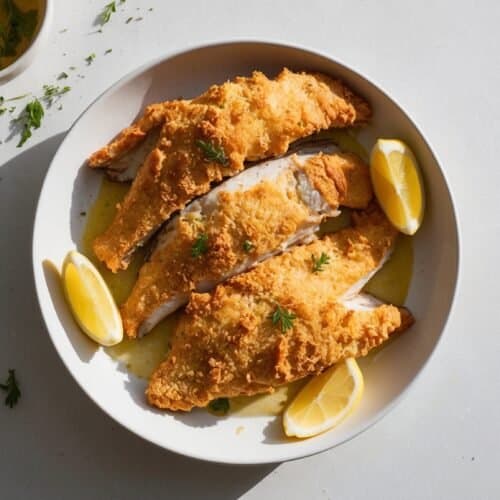 A delicious dinner recipe featuring a plate of breaded and baked fish fillets garnished with herbs, served with lemon wedges, and a small bowl of sauce on the side.