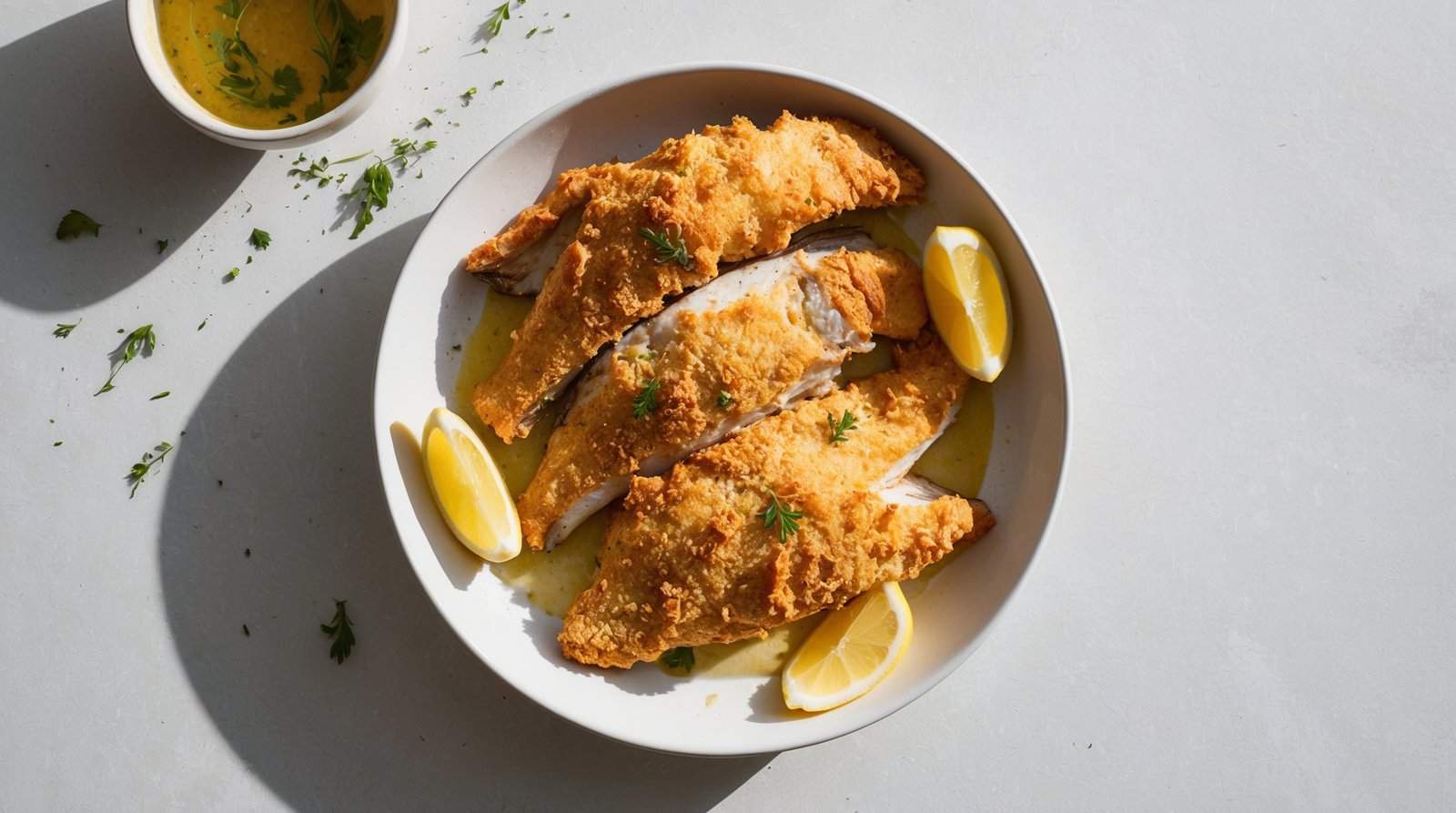 A delicious dinner recipe featuring a plate of breaded and baked fish fillets garnished with herbs, served with lemon wedges, and a small bowl of sauce on the side.