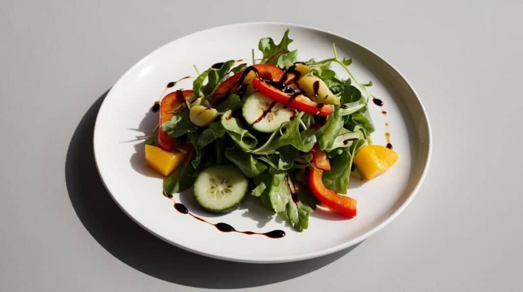 A refreshing salad with arugula, sliced cucumber, red bell pepper, peach slices, and olives, drizzled with balsamic glaze on a white plate.