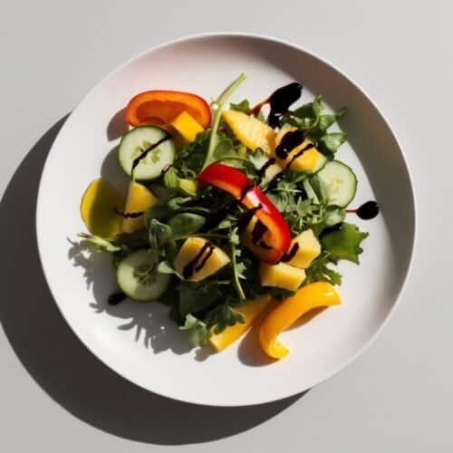 A plate of salad featuring arugula, sliced cucumbers, red and yellow bell peppers, refreshing fruits like pineapple chunks, and drizzled with balsamic glaze. This salads recipe is set against a plain, light gray surface.