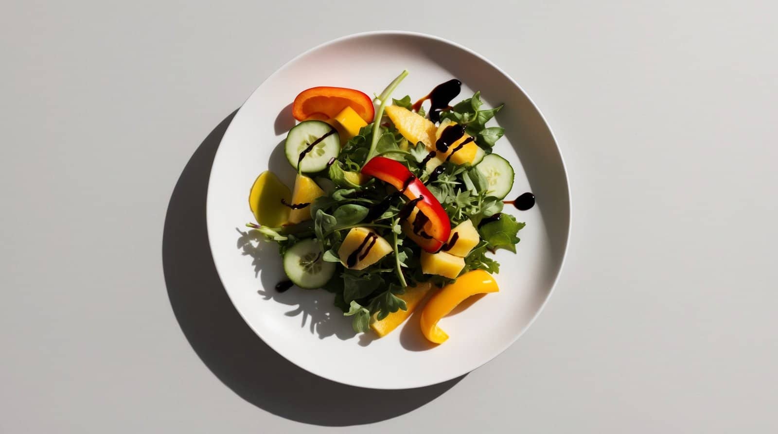 A plate of salad featuring arugula, sliced cucumbers, red and yellow bell peppers, refreshing fruits like pineapple chunks, and drizzled with balsamic glaze. This salads recipe is set against a plain, light gray surface.