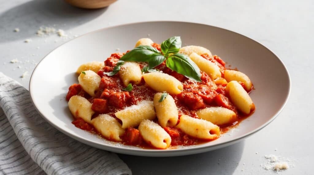 A plate of soft gnocchi in tomato sauce topped with grated cheese and a basil leaf, placed on a light gray surface. A striped napkin lies beside the plate.
