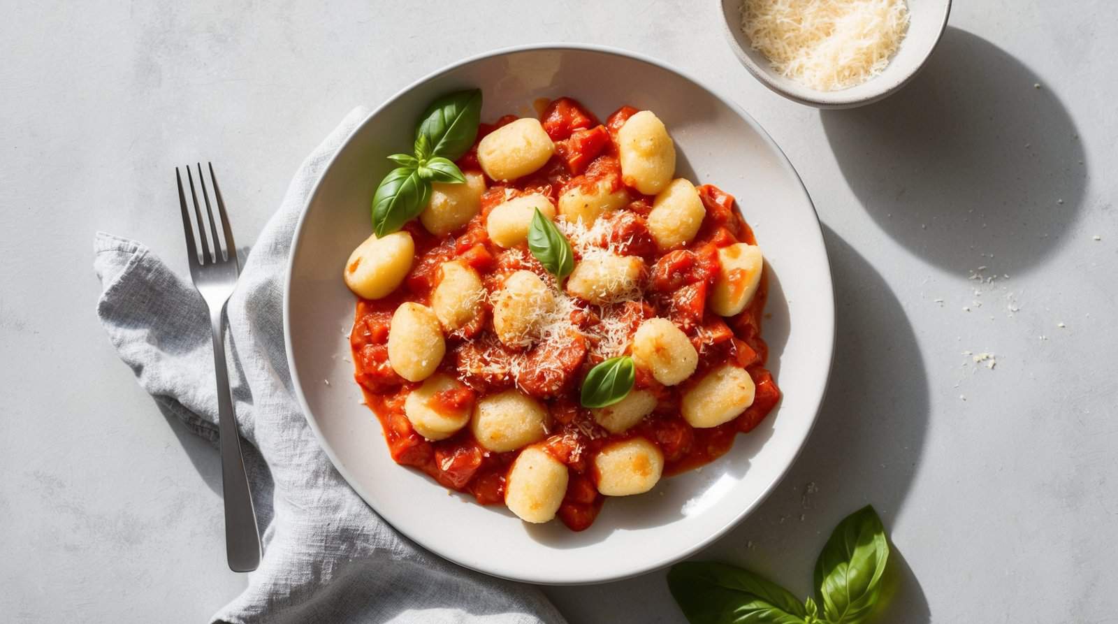 A plate of soft gnocchi topped with rich tomato sauce, grated cheese, and fresh basil leaves. A bowl of grated cheese and a fork sit next to the plate on a white table with a gray napkin, inviting you to dive into this delicious gnocchi recipe.