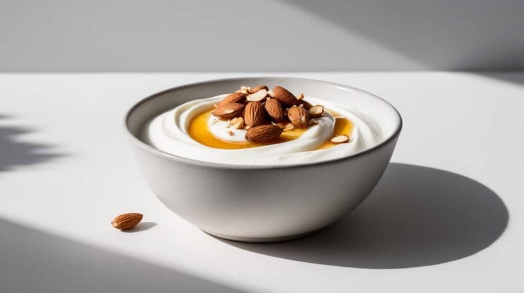 A bowl of Greek yogurt topped with honey and whole almonds sits on a white surface, illuminated by sunlight.