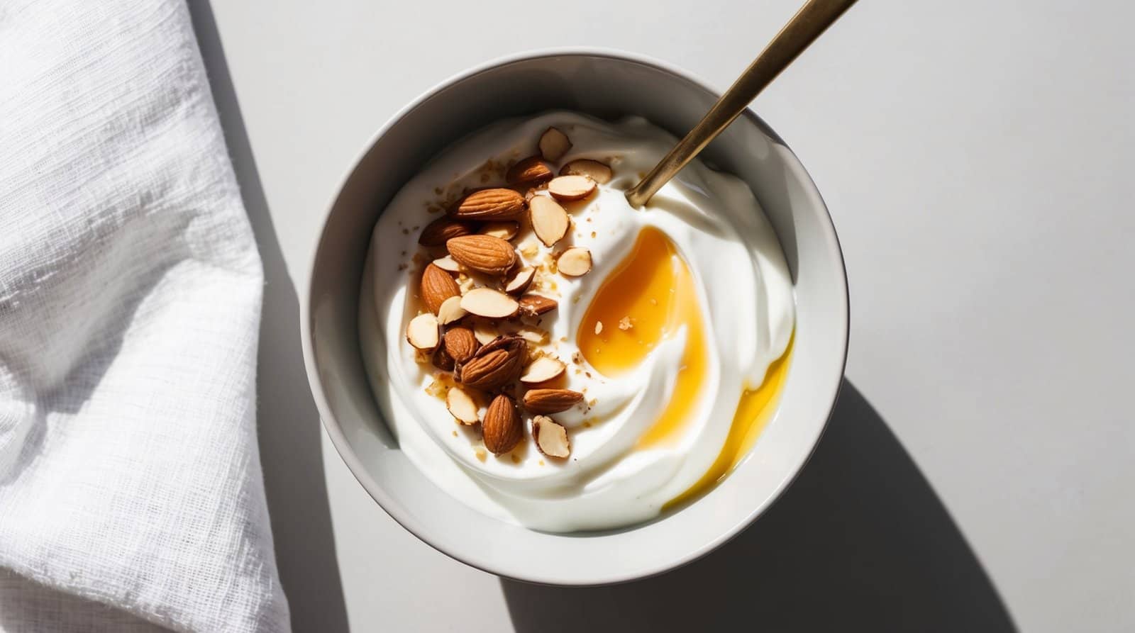 A bowl of Greek yogurt topped with sliced almonds and drizzled with honey, with a spoon in the bowl and a white cloth napkin nearby.