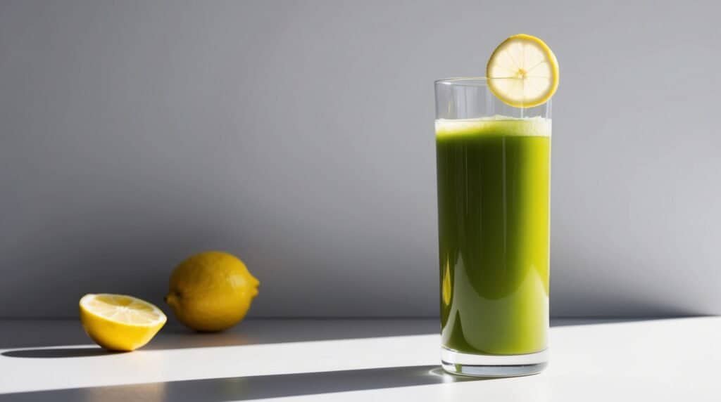 A tall glass of refreshing green juice with a lemon slice on the rim sits on a white surface. A whole lemon and a halved lemon are in the background, showcasing a perfect refreshing juice recipe.