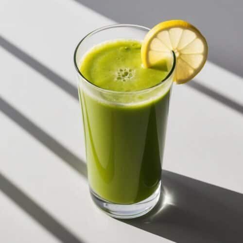 A tall glass of refreshing green juice with a lemon slice garnish sits on a white surface with shadow lines.