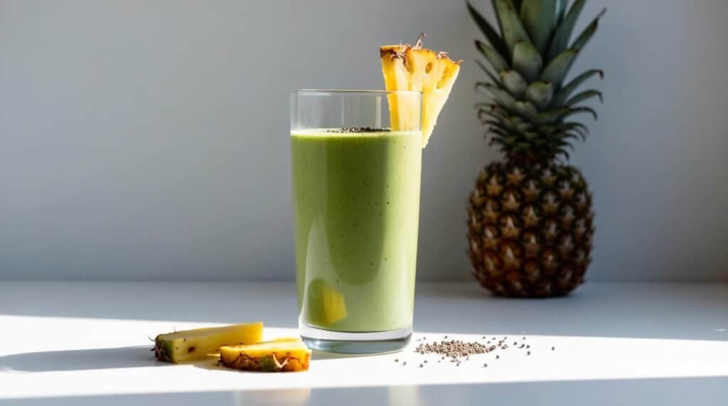 A glass of refreshing green smoothie garnished with pineapple slices, with a whole pineapple and additional pineapple pieces on a white table.