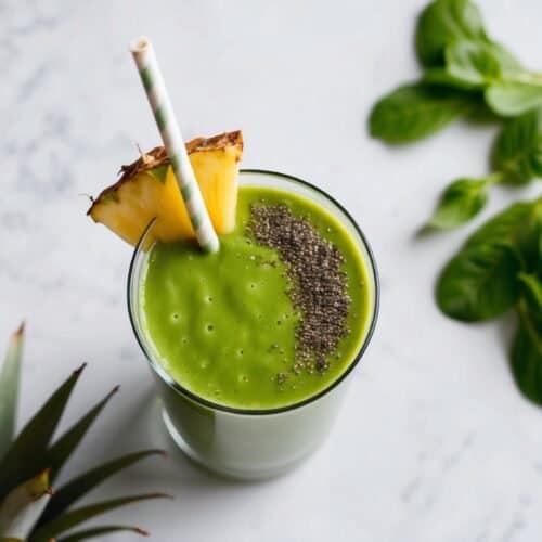 A refreshing smoothie topped with pineapple slices and chia seeds, served with a striped straw, placed on a marbled surface with fresh green leaves and a pineapple crown nearby.