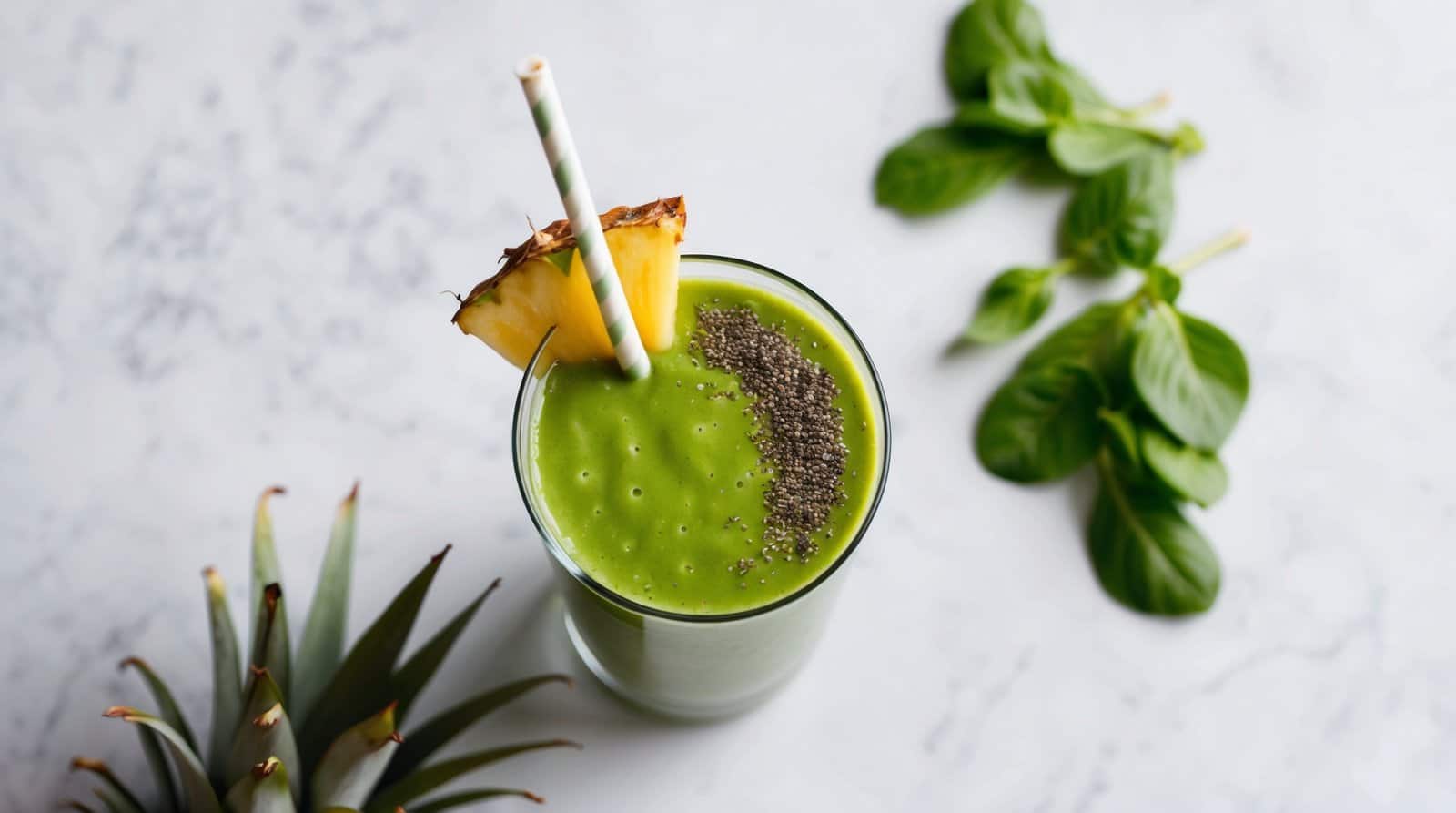 A refreshing smoothie topped with pineapple slices and chia seeds, served with a striped straw, placed on a marbled surface with fresh green leaves and a pineapple crown nearby.