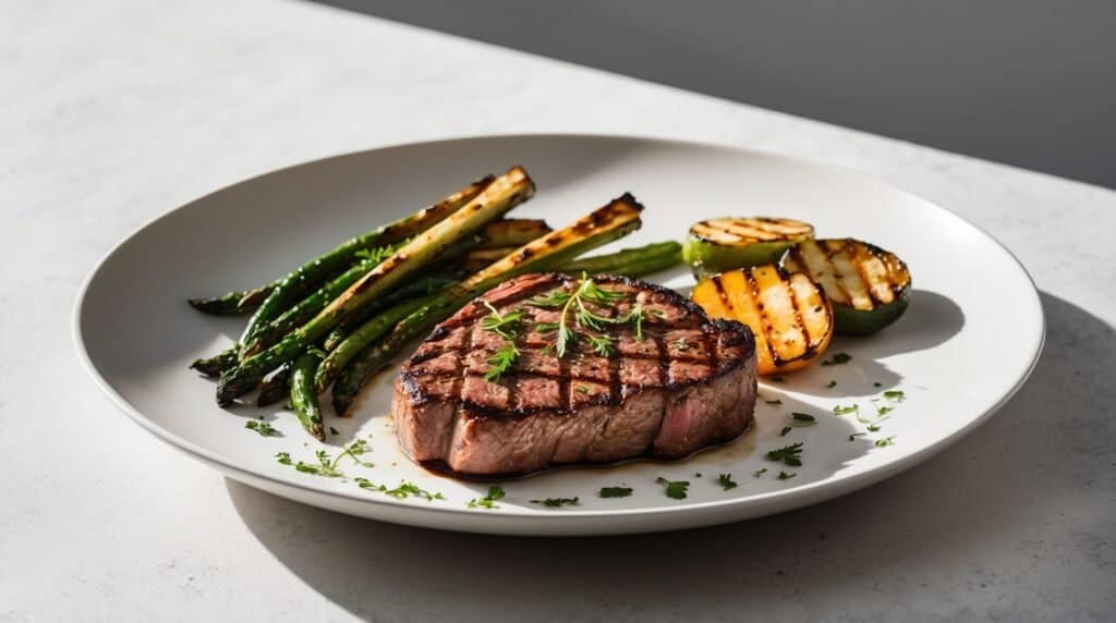 A perfectly grilled steak garnished with herbs, accompanied by grilled asparagus and zucchini slices, served on a white plate.