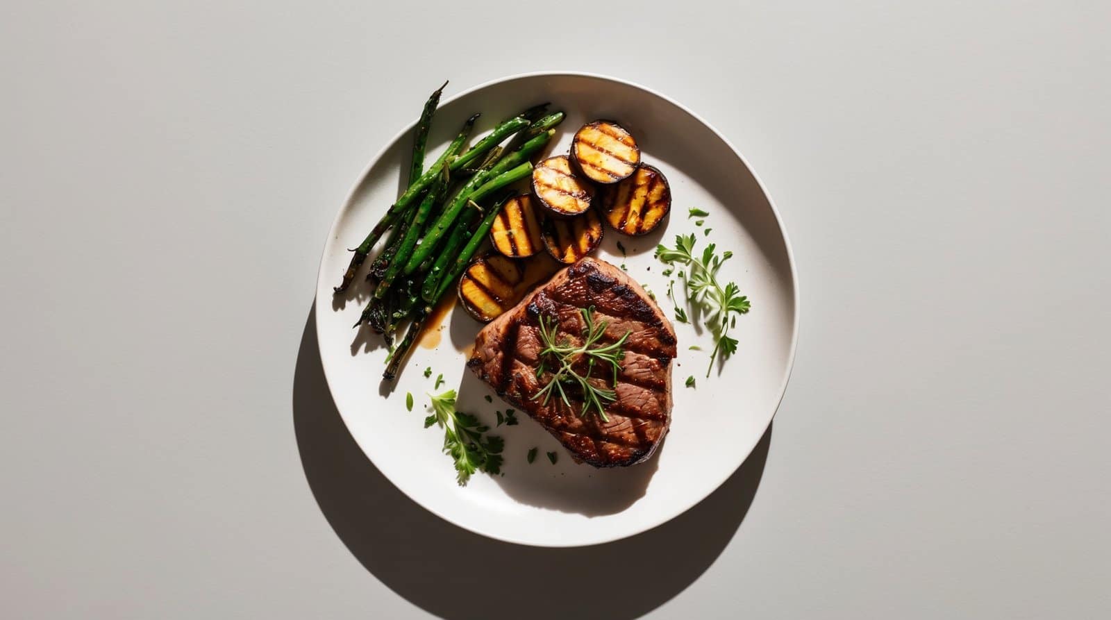 A white plate with perfectly grilled steak topped with herbs, alongside grilled zucchini slices and asparagus spears, on a light gray background. This recipe is visually enticing and mouthwateringly delicious.