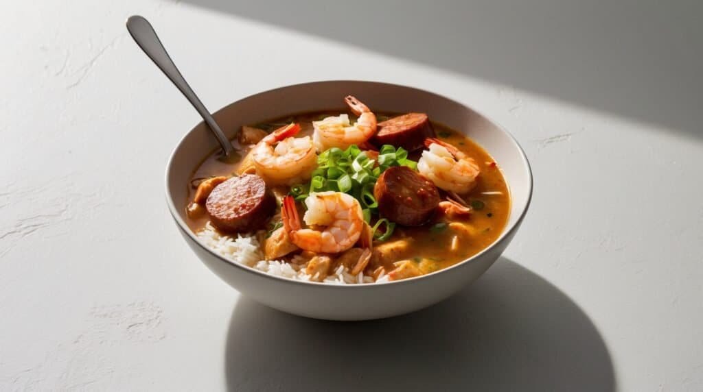 A bowl of Cajun gumbo with shrimp, sausage, chicken, and green onions served over white rice, with a spoon on the side.