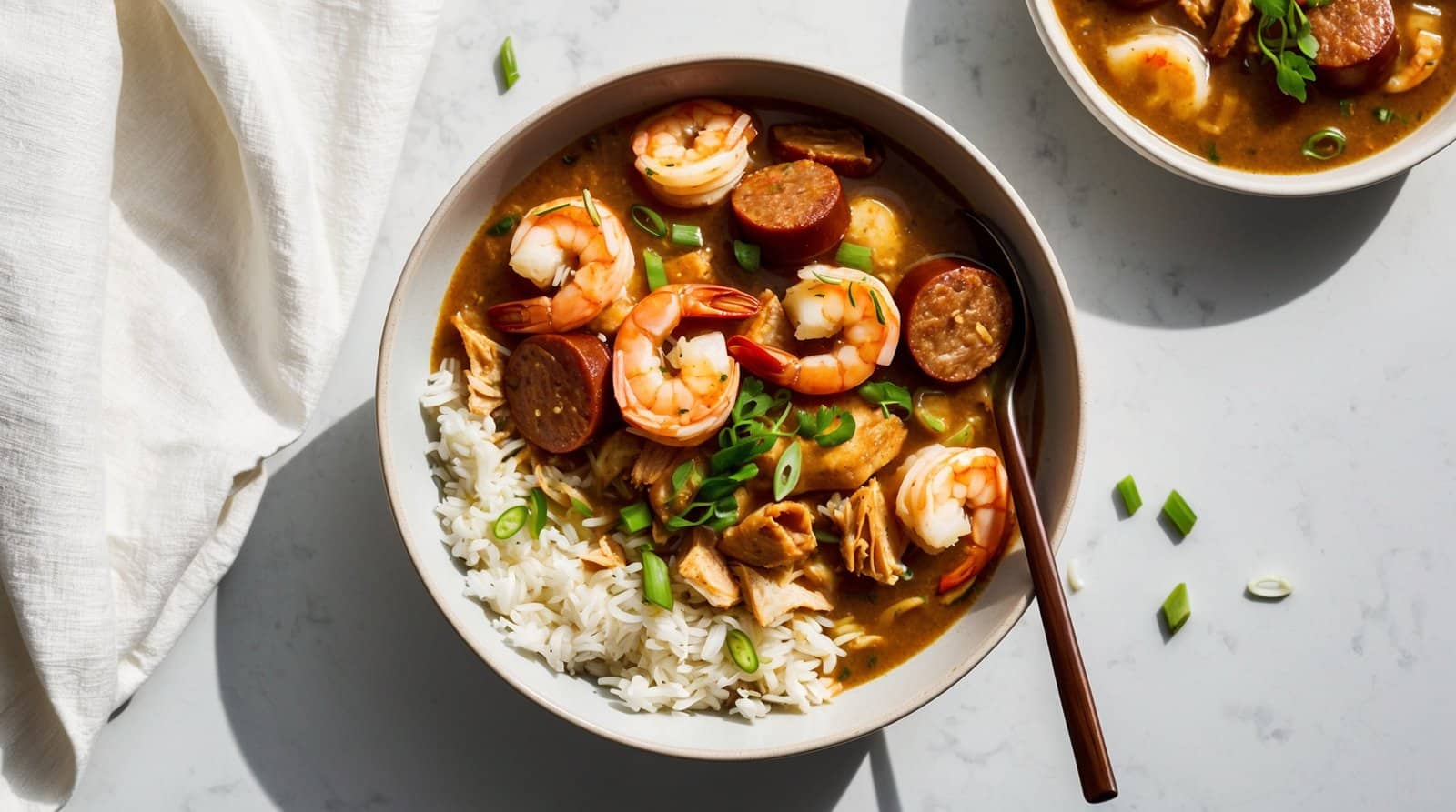 A bowl of spicy Cajun gumbo with shrimp, sausage, and chicken, served with rice and garnished with green onions. Another bowl of gumbo is partially visible in the background.