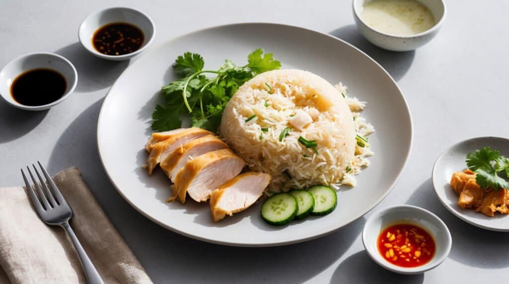 A plate with a serving of Hainanese Chicken Rice garnished with cilantro, sliced cucumber, and sliced cooked chicken. Sauces and condiments are arranged around the plate with a napkin and fork to the side, capturing the essence of an authentic recipe.