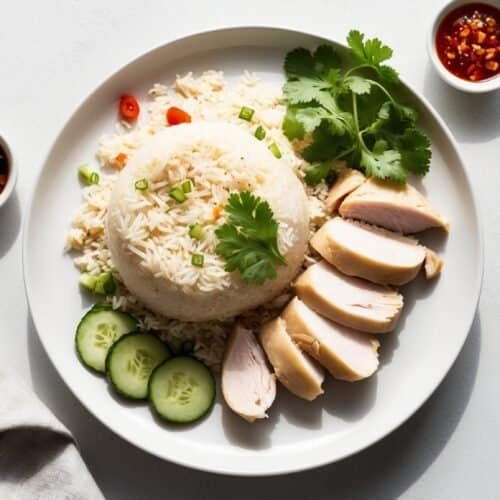 A plate of Hainanese Chicken Rice with sliced chicken, cucumbers, and cilantro, served with three small bowls of dipping sauces brings the authentic recipe to your table.