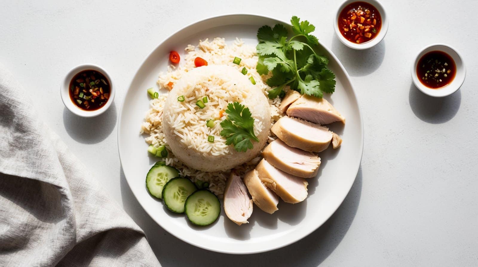 A plate of Hainanese Chicken Rice with sliced chicken, cucumbers, and cilantro, served with three small bowls of dipping sauces brings the authentic recipe to your table.
