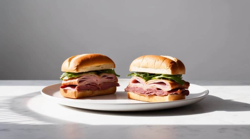 Two stacked sandwiches with layers of roast beef, ham, lettuce, and cheese are placed side by side on a white plate on a marble surface.