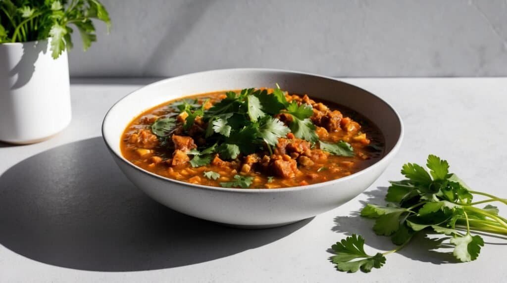 A white bowl of Moroccan harira soup garnished with cilantro sits on a white surface, accompanied by a shadowed bunch of cilantro on the side and a potted cilantro plant in the background.