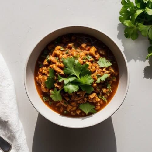 A bowl of hearty Harira soup garnished with cilantro, next to a bunch of fresh cilantro, a folded cloth, and cutlery on a light-colored surface.