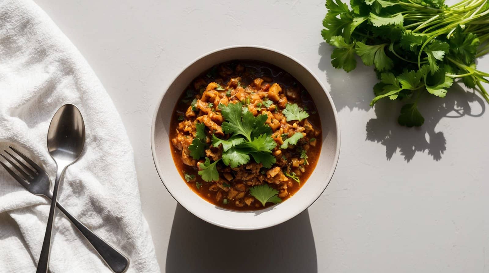 A bowl of hearty Harira soup garnished with cilantro, next to a bunch of fresh cilantro, a folded cloth, and cutlery on a light-colored surface.