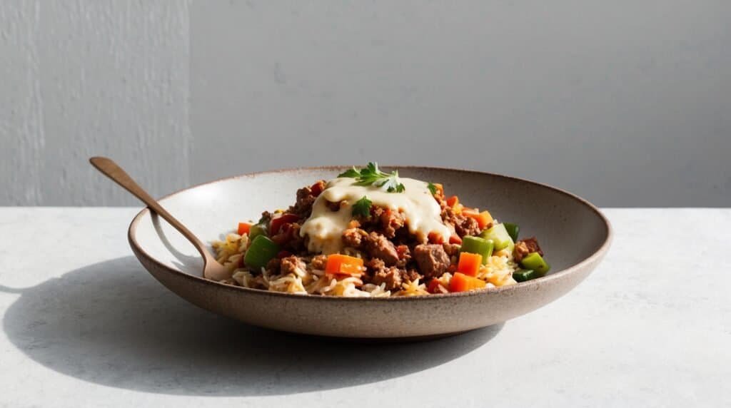 A hearty meal featuring a bowl of rice topped with minced meat, cheese sauce, and chopped vegetables, with a spoon placed on the side. This delightful combination is sure to become a favorite in your collection of go-to recipes.