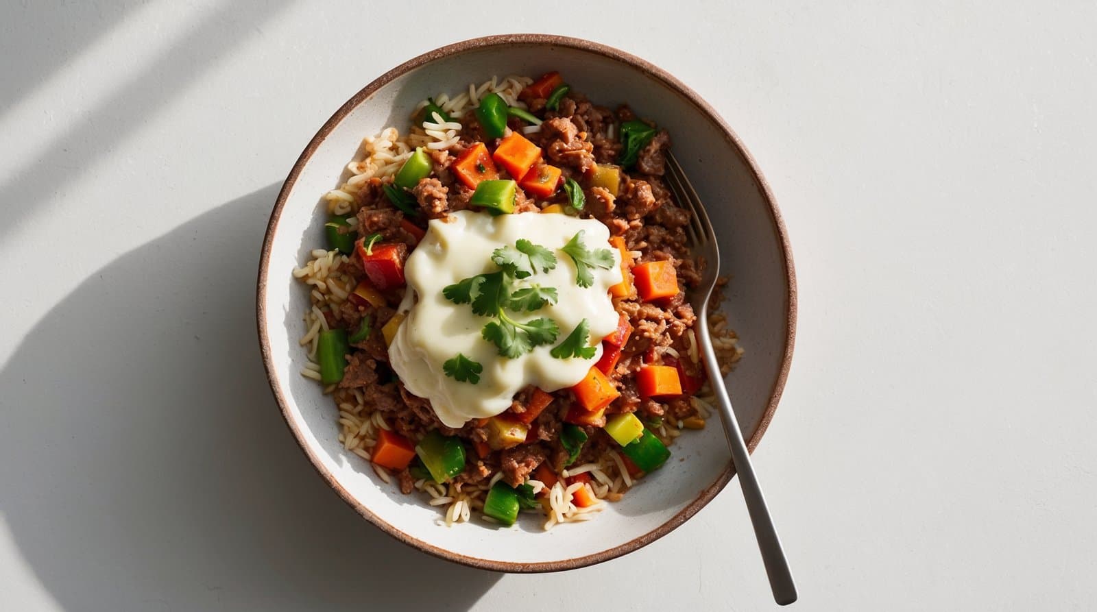A bowl of rice topped with a mix of diced vegetables and minced meat, garnished with a creamy white sauce and fresh parsley, sits invitingly with a fork on the side—truly a hearty meals recipe.