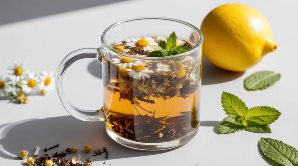 A glass cup of relaxing chamomile tea with visible chamomile flowers and mint leaves on top sits on a white surface next to a whole lemon, a few mint leaves, and scattered chamomile flowers—an inviting herbal tea recipe.