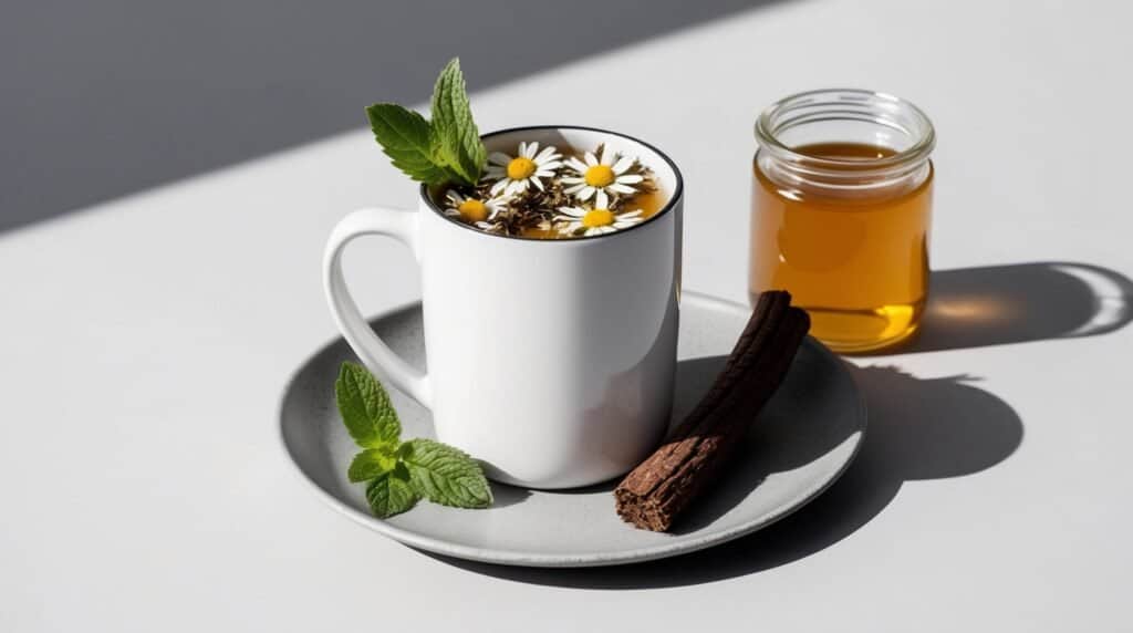 A white mug of chamomile tea with mint leaves and chamomile flowers on a grey plate, accompanied by cinnamon sticks, a sprig of mint, and a small jar of honey – the perfect soothing herbal tea recipe for vocal health.