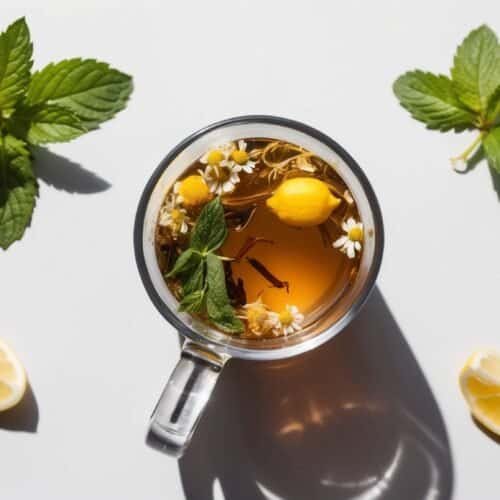 Overhead view of a glass mug filled with relaxing herbal tea, garnished with lemon slices, chamomile flowers, and mint leaves, surrounded by additional lemon slices and mint sprigs on a white background.