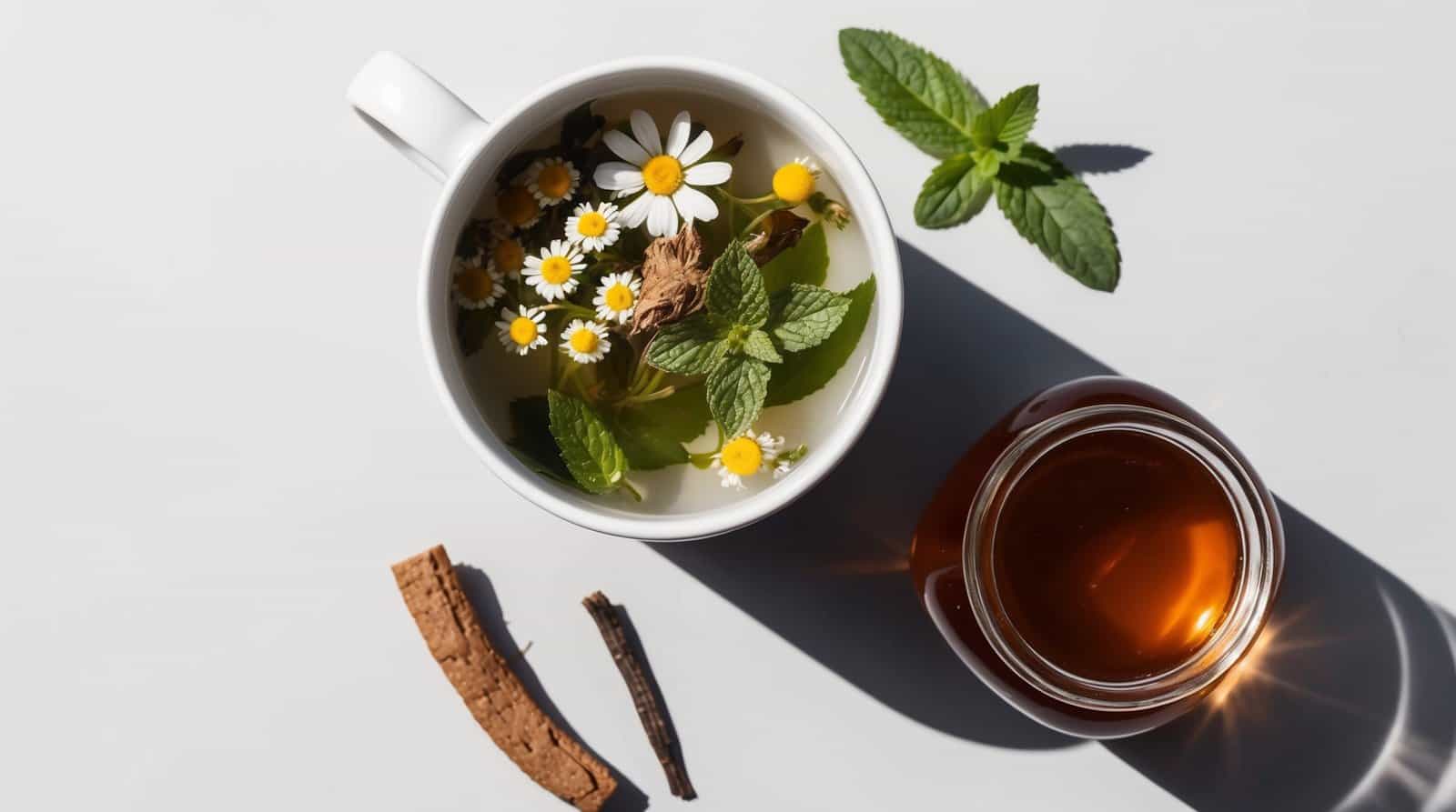 A cup of soothing herbal tea with chamomile flowers and mint leaves, a jar of honey, and pieces of bark and licorice rest on a white surface, perfect for promoting vocal health.