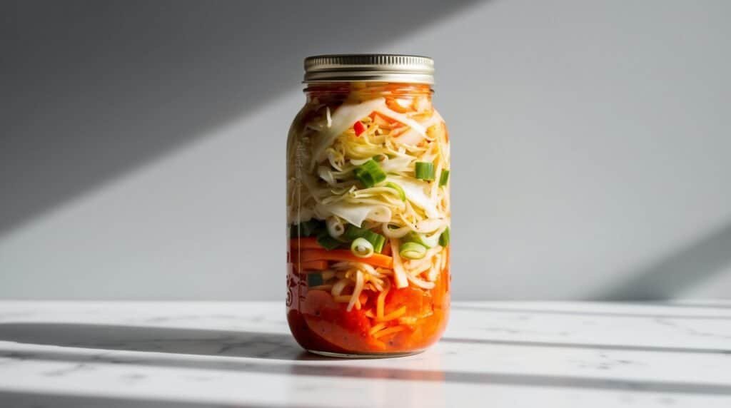 Jar filled with spicy mixed vegetables and noodles, including cabbage, carrots, and green onions, on a white marble surface with shadowed light.