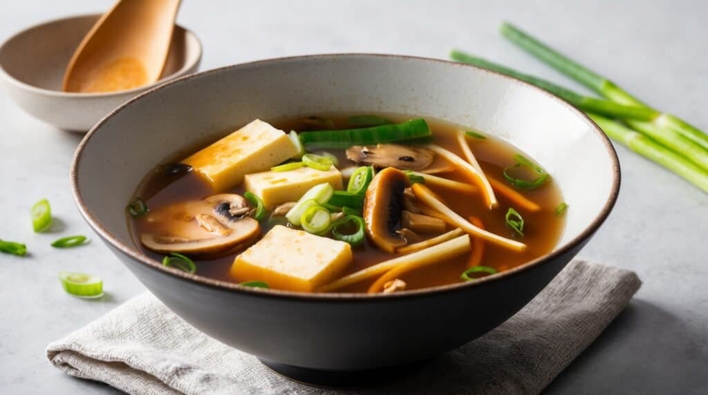 A bowl of hot and sour miso soup with tofu, mushrooms, and sliced green onions, placed on a cloth napkin. A wooden spoon and a small bowl are in the background. Perfect for those looking for an easy soup recipe!