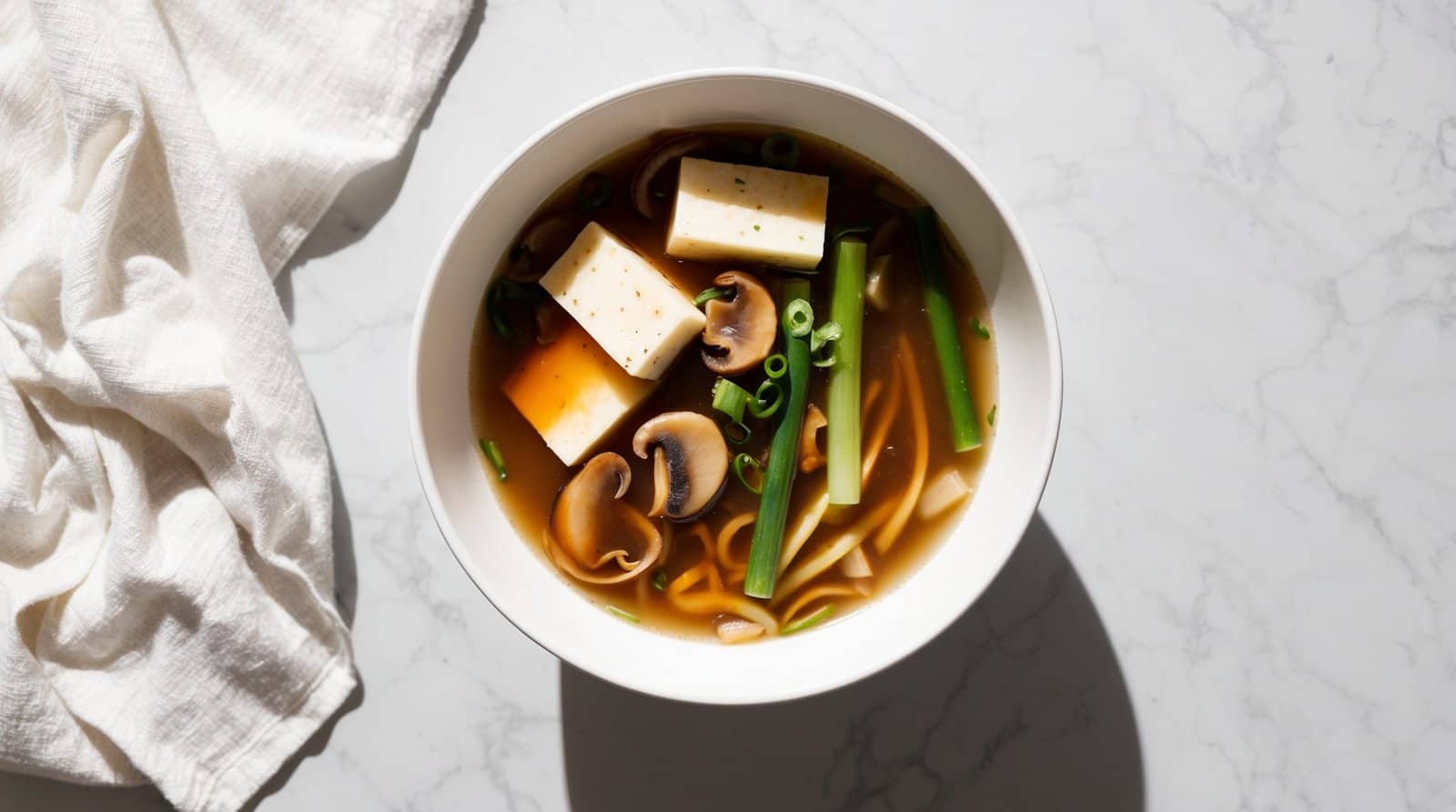 A bowl of miso soup with tofu cubes, mushrooms, green onions, and bok choy sits on a marble surface. A white cloth is placed to the left of the bowl— a comforting twist for your favorite Hot and Sour Soup recipe.