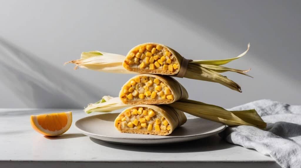 A stack of three corn husk-wrapped, vegan tamales is displayed on a white plate beside an orange wedge on a light-colored table.