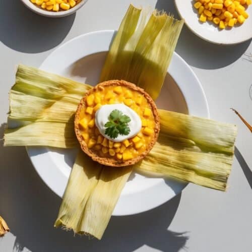 A dish of Humita en Chala garnished with corn and cilantro on a plate with corn husks, surrounded by two ears of corn and bowls of corn kernels. This vegan recipe is not only visually appealing but also wholesome and delicious.