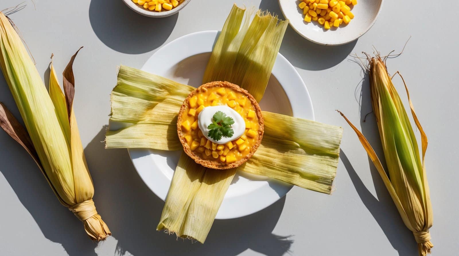 A dish of Humita en Chala garnished with corn and cilantro on a plate with corn husks, surrounded by two ears of corn and bowls of corn kernels. This vegan recipe is not only visually appealing but also wholesome and delicious.