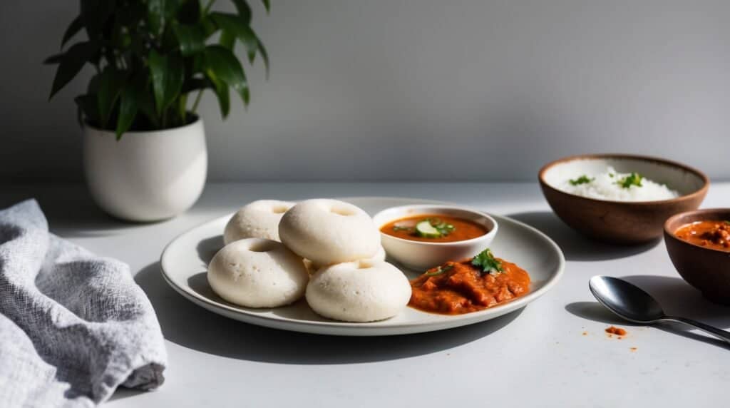 A plate of four soft and fluffy steamed rice cakes is served with two bowls of chutney and sambar. A spoon and napkin are placed beside the plate, with a potted plant in the background.