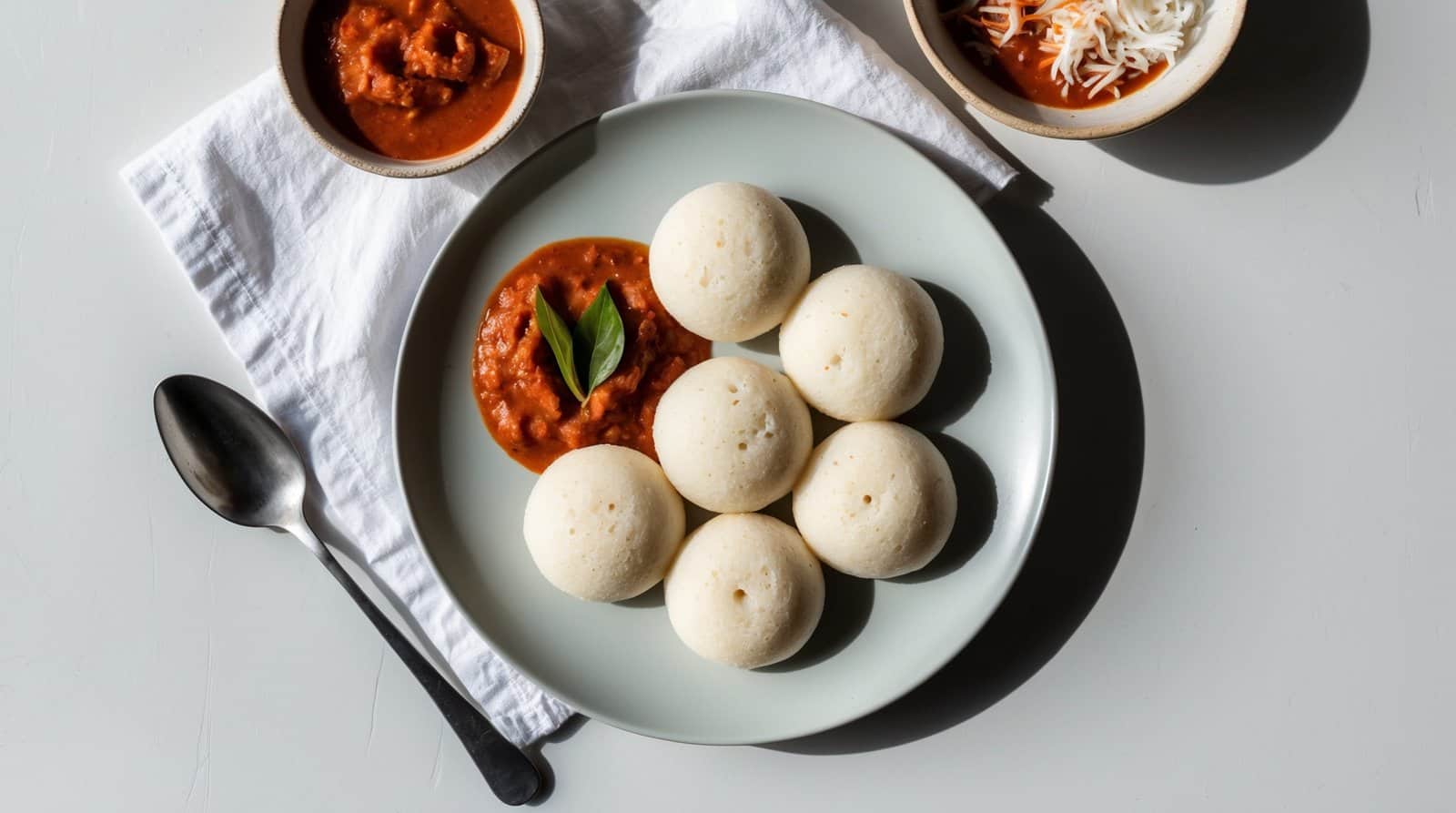 A plate of six fluffy idli served with a bowl of red sauce on the side, placed on a white napkin with a spoon next to it.
