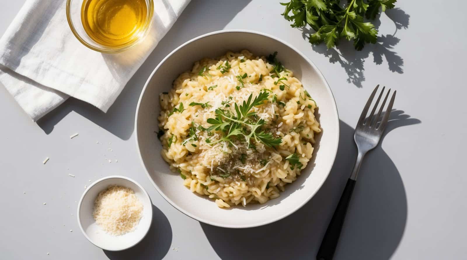 A bowl of creamy risotto garnished with parsley and grated Parmesan cheese is placed on a table alongside a fork, a small bowl of grated cheese, a glass of oil, and a sprig of parsley.