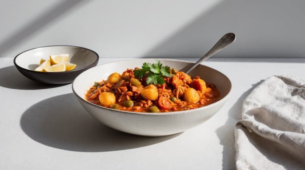 A bowl of vegetable stew with potatoes, olives, carrots, and a parsley garnish sits next to a bowl of lemon wedges and a folded napkin, offering an authentic taste reminiscent of New Orleans cuisine.