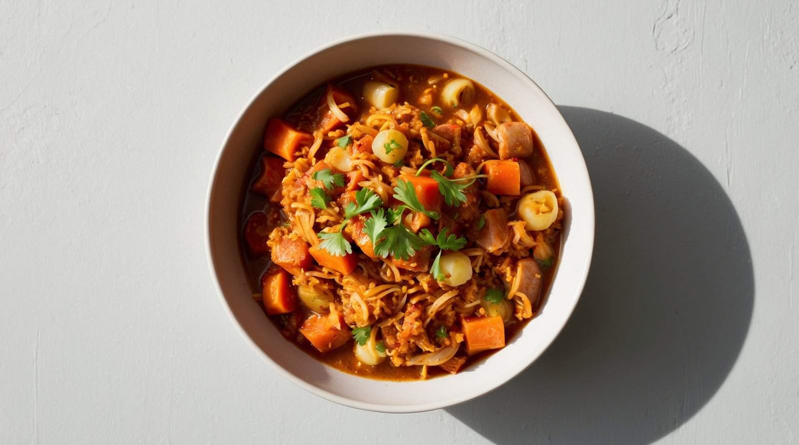 A bowl of soup with noodles, carrots, and green vegetables, garnished with cilantro and inspired by a New Orleans jambalaya recipe, placed on a light-colored surface.