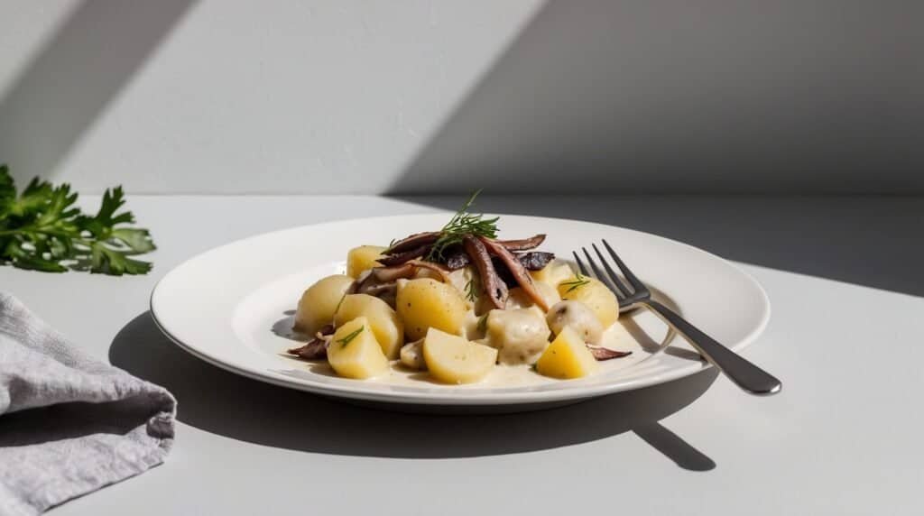 A plate of potato salad garnished with herbs and anchovy fillets, accompanied by a fork. A sprig of parsley and a napkin are visible next to the plate, reminiscent of a creamy Janssons Frestelse recipe.